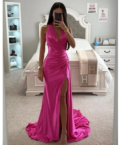 Halter Mermaid Satin Prom Dress 2024 Ruched Bridesmaid Dresses Formal Gowns with Slit Burnt Orange $29.25 Dresses