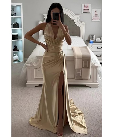 Halter Mermaid Satin Prom Dress 2024 Ruched Bridesmaid Dresses Formal Gowns with Slit Burnt Orange $29.25 Dresses