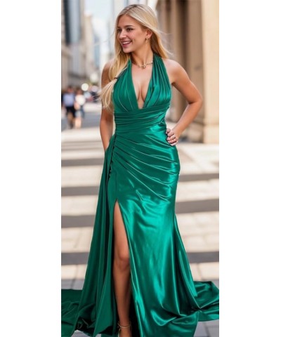 Halter Mermaid Satin Prom Dress 2024 Ruched Bridesmaid Dresses Formal Gowns with Slit Burnt Orange $29.25 Dresses