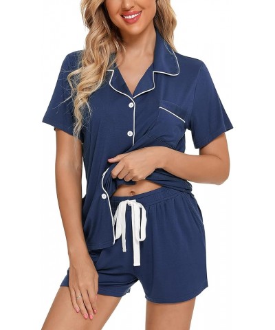 Pajamas Set For Women Short Sleeve Sleepwear Soft Button Down Pjs Set Nightwear Lounge Sets S-XXL B Style With Pockets -Cyan ...