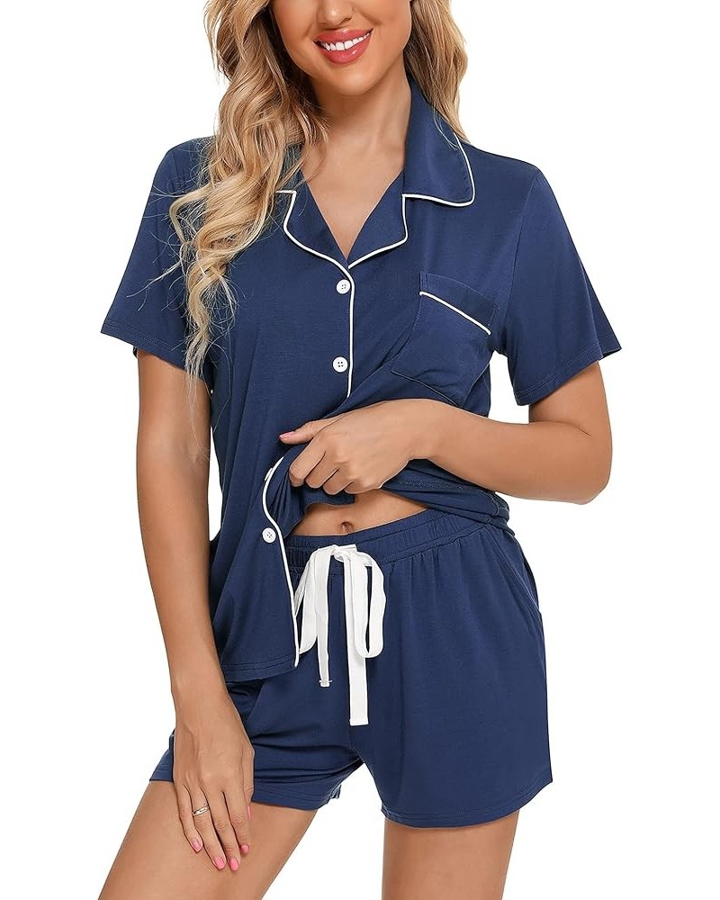 Pajamas Set For Women Short Sleeve Sleepwear Soft Button Down Pjs Set Nightwear Lounge Sets S-XXL B Style With Pockets -Cyan ...