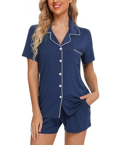 Pajamas Set For Women Short Sleeve Sleepwear Soft Button Down Pjs Set Nightwear Lounge Sets S-XXL B Style With Pockets -Cyan ...