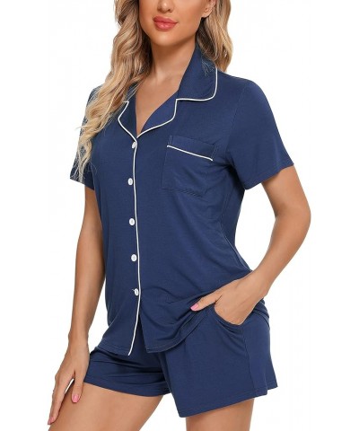 Pajamas Set For Women Short Sleeve Sleepwear Soft Button Down Pjs Set Nightwear Lounge Sets S-XXL B Style With Pockets -Cyan ...