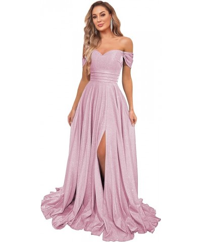 Women's Glittery Prom Dresses Long Ball Gown Off Shoulder High Slit Formal Evening Gowns with Pockets Pink $27.30 Dresses