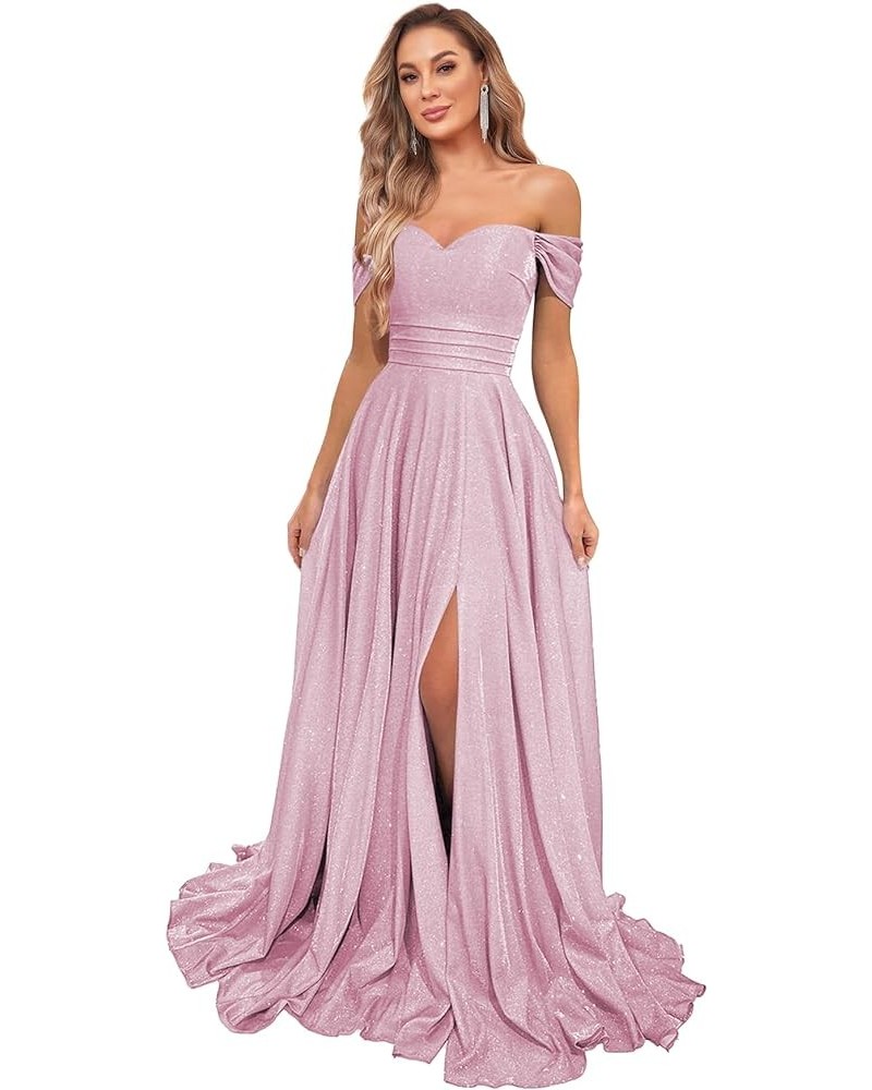 Women's Glittery Prom Dresses Long Ball Gown Off Shoulder High Slit Formal Evening Gowns with Pockets Pink $27.30 Dresses