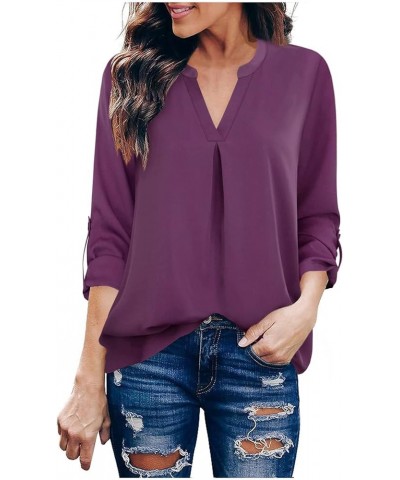 Women's 3/4 Sleeve Tops and Blouses Dressy Casual Summer V Neck Chiffon Blouse Tunic Tops Fashion Office Wear T-Shirts Purple...