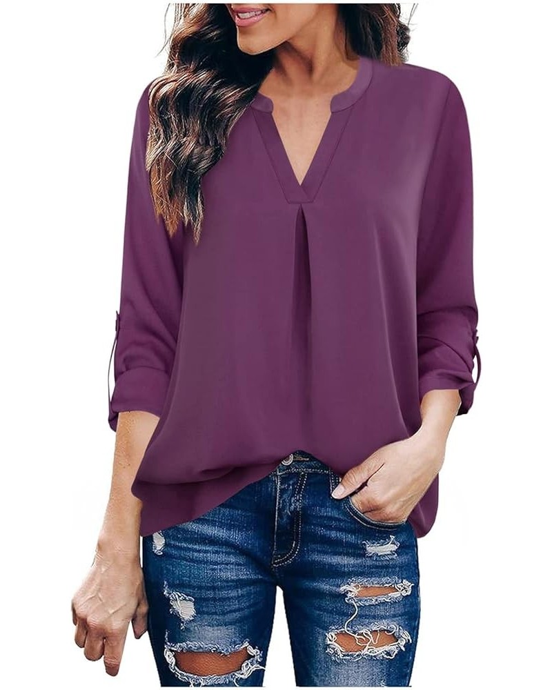 Women's 3/4 Sleeve Tops and Blouses Dressy Casual Summer V Neck Chiffon Blouse Tunic Tops Fashion Office Wear T-Shirts Purple...