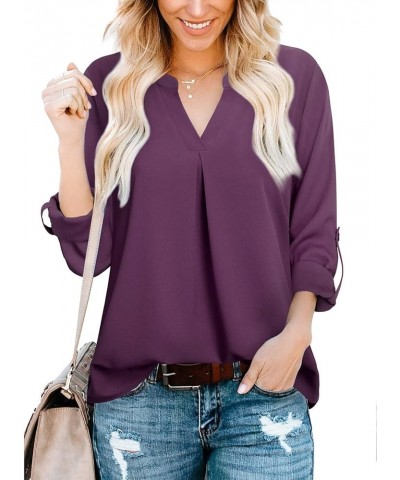 Women's 3/4 Sleeve Tops and Blouses Dressy Casual Summer V Neck Chiffon Blouse Tunic Tops Fashion Office Wear T-Shirts Purple...