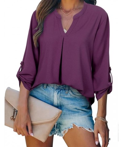 Women's 3/4 Sleeve Tops and Blouses Dressy Casual Summer V Neck Chiffon Blouse Tunic Tops Fashion Office Wear T-Shirts Purple...