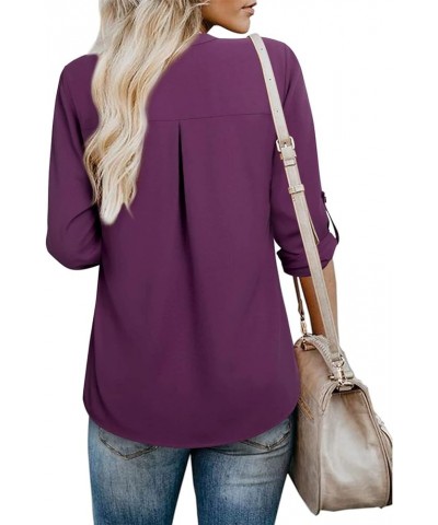 Women's 3/4 Sleeve Tops and Blouses Dressy Casual Summer V Neck Chiffon Blouse Tunic Tops Fashion Office Wear T-Shirts Purple...