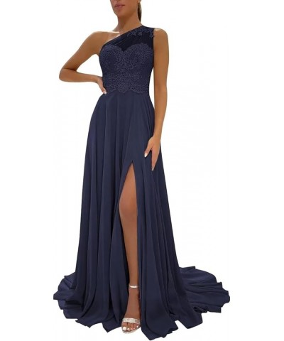 Women's One Shoulder Bridesmaid Dresses for Wedding Long Laces Appliques A-Line Slit Prom Dresses with Pockets Dark Blue $38....