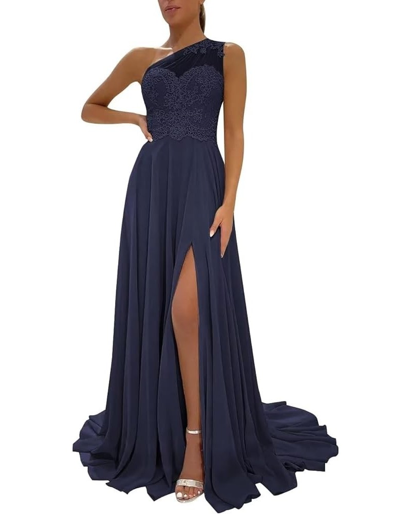 Women's One Shoulder Bridesmaid Dresses for Wedding Long Laces Appliques A-Line Slit Prom Dresses with Pockets Dark Blue $38....