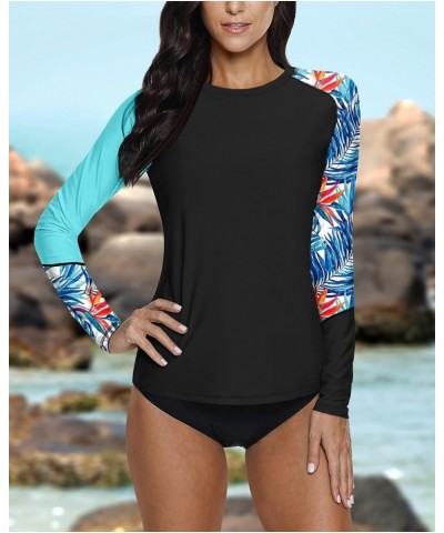 Women Long Sleeve Sun Protection UV Rashguard Swim Shirt Aqua & Black | Leaves $13.44 Swimsuits