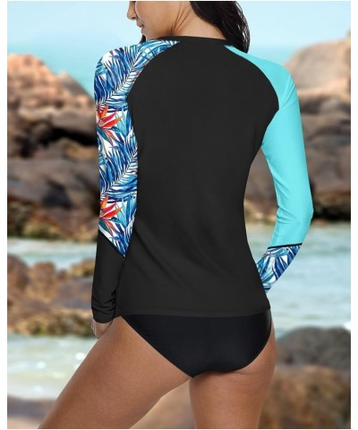 Women Long Sleeve Sun Protection UV Rashguard Swim Shirt Aqua & Black | Leaves $13.44 Swimsuits