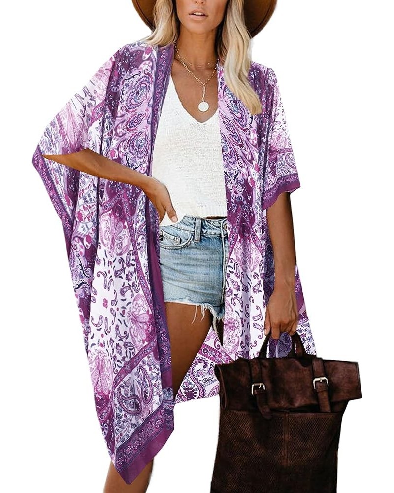 Women Summer Bikini Kimono Bathing Suit Cover Ups for Swimwear B Purple Paisley $13.31 Swimsuits