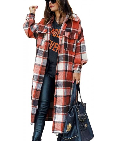 Women's Lounge Lapel Button Up Long Sleeve Plaid Long Shirt Jacket Shacket Orange Red $14.74 Blouses