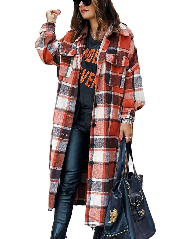 Women's Lounge Lapel Button Up Long Sleeve Plaid Long Shirt Jacket Shacket Orange Red $14.74 Blouses