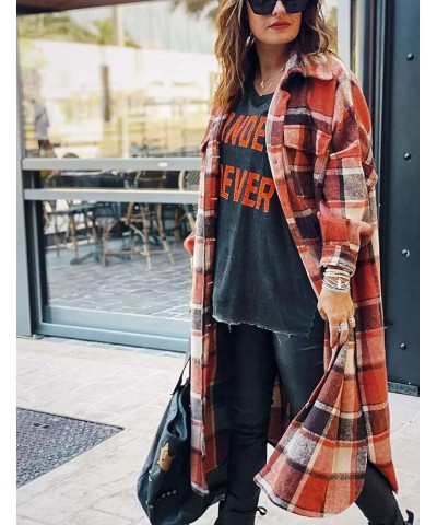 Women's Lounge Lapel Button Up Long Sleeve Plaid Long Shirt Jacket Shacket Orange Red $14.74 Blouses