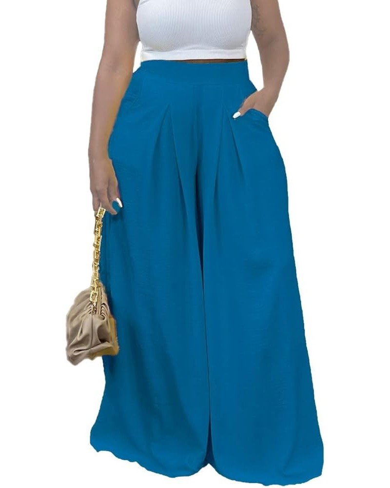 Women's Wide Leg Long Palazzo Pants High Waist Loose Fit Casual Flowy Pants Trousers with Pockets Peacock Blue $17.84 Pants