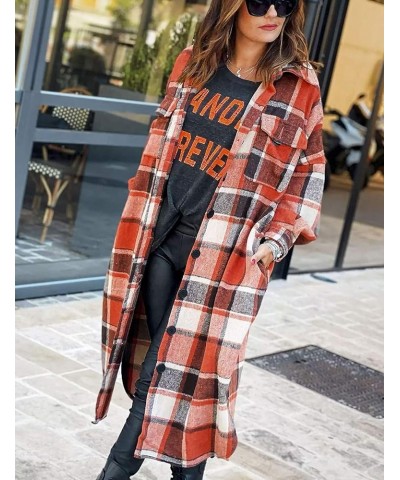 Women's Lounge Lapel Button Up Long Sleeve Plaid Long Shirt Jacket Shacket Orange Red $14.74 Blouses