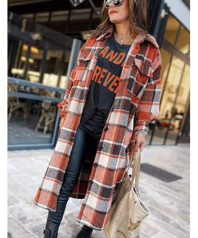 Women's Lounge Lapel Button Up Long Sleeve Plaid Long Shirt Jacket Shacket Orange Red $14.74 Blouses