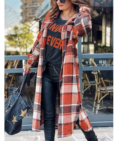 Women's Lounge Lapel Button Up Long Sleeve Plaid Long Shirt Jacket Shacket Orange Red $14.74 Blouses