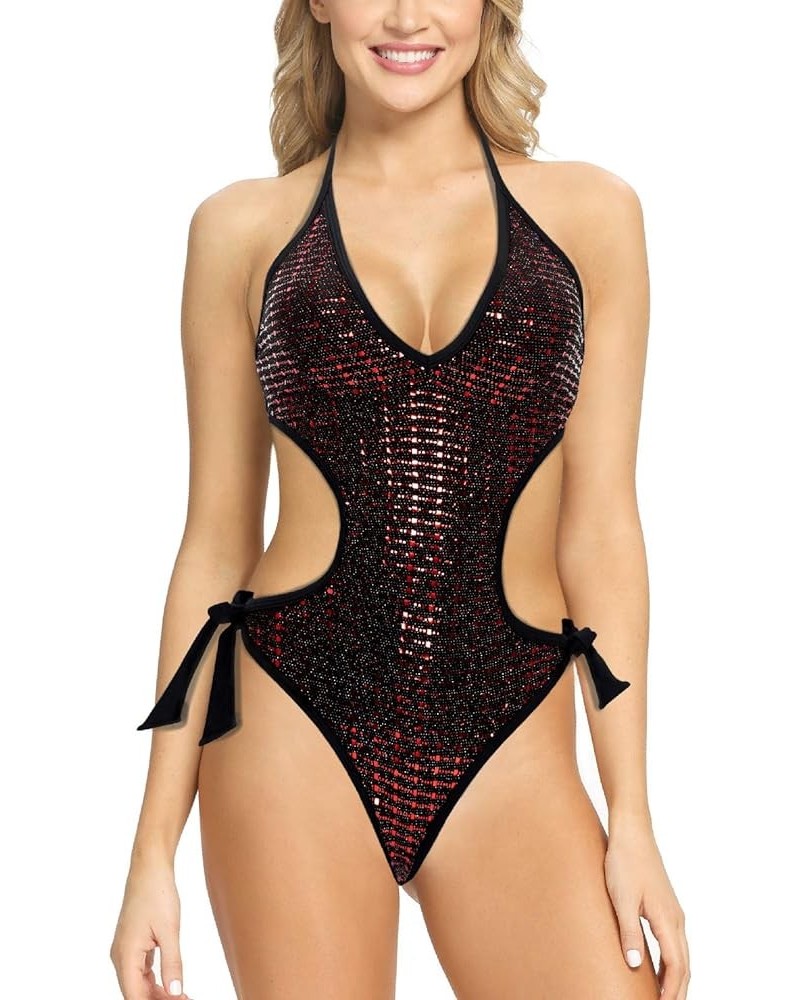 Women Side Cutout Tie Backless One Piece Swimsuit Monokini Red $13.59 Swimsuits