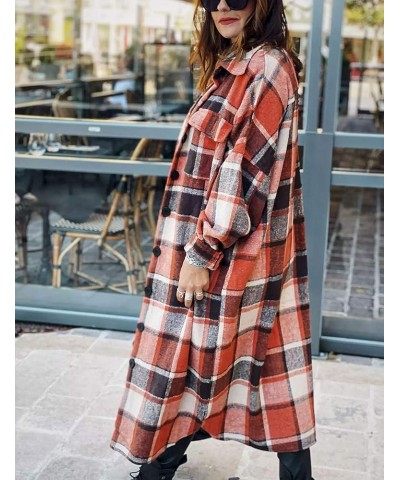 Women's Lounge Lapel Button Up Long Sleeve Plaid Long Shirt Jacket Shacket Orange Red $14.74 Blouses