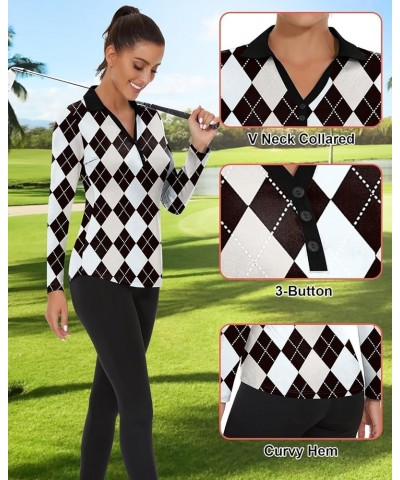 Long Sleeve Button Down Shirts for Women V Neck Polo Golf Shirt Business Work Collared Blouse Tops 113-grey&black Argyle $15....