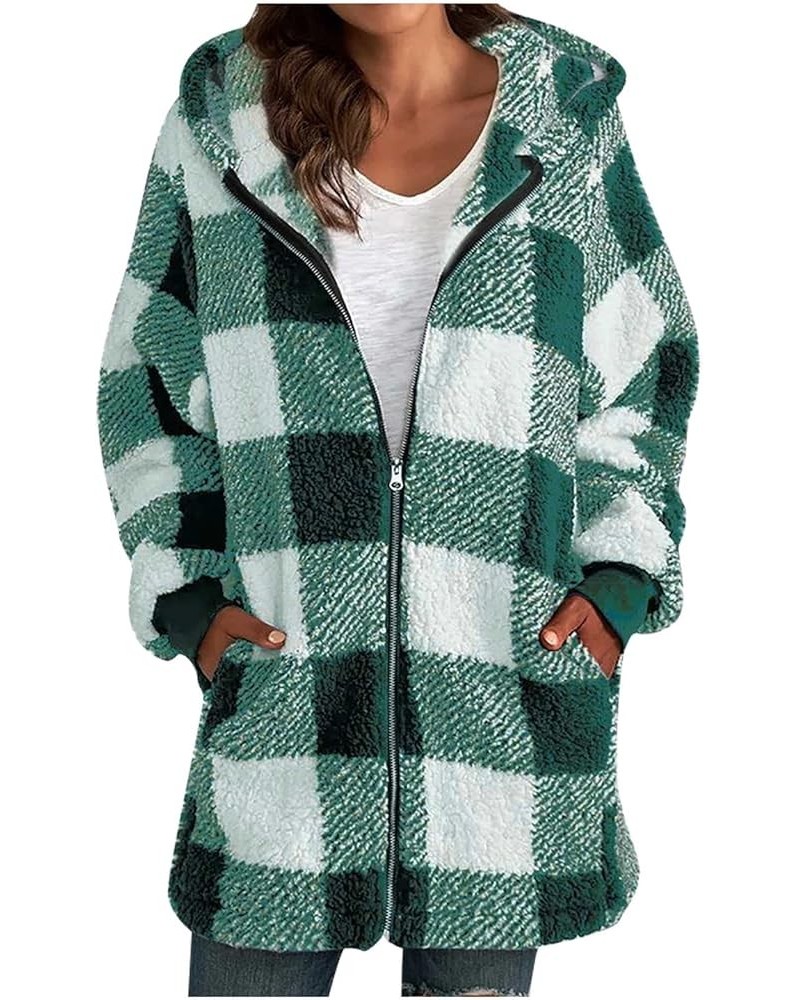 Womens Buffalo Plaid Sherpa Jacket Fuzzy Fleece Hooded Coat Warm Open Front Fluffy Cardigan with Pocket Green $12.92 Jackets