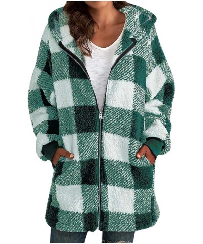 Womens Buffalo Plaid Sherpa Jacket Fuzzy Fleece Hooded Coat Warm Open Front Fluffy Cardigan with Pocket Green $12.92 Jackets