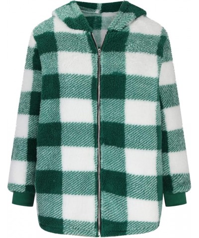 Womens Buffalo Plaid Sherpa Jacket Fuzzy Fleece Hooded Coat Warm Open Front Fluffy Cardigan with Pocket Green $12.92 Jackets