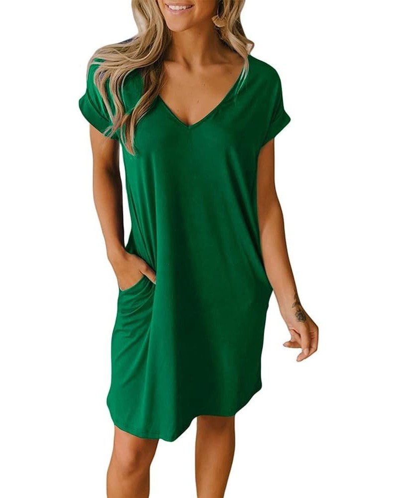 Women V-Neck Short Sleeve Summer Dresses 2024 Spring Casual Loose T-Shirt Tunic Short Dress Pajamas with Pockets Green $13.60...