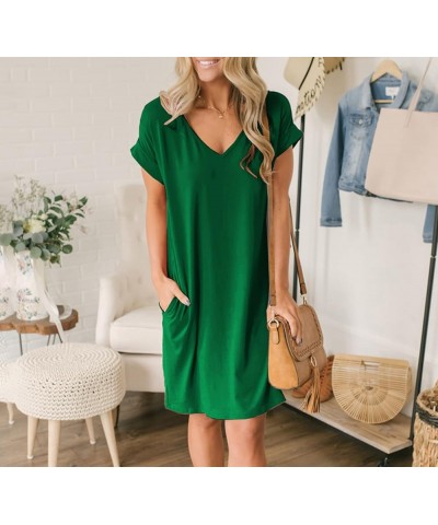 Women V-Neck Short Sleeve Summer Dresses 2024 Spring Casual Loose T-Shirt Tunic Short Dress Pajamas with Pockets Green $13.60...