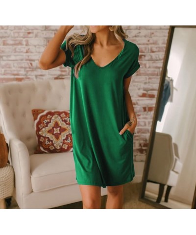 Women V-Neck Short Sleeve Summer Dresses 2024 Spring Casual Loose T-Shirt Tunic Short Dress Pajamas with Pockets Green $13.60...