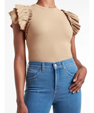 Womens Ruffle Short Sleeve Shirts Slim Fit High Neck Knit Ribbed Tops Khaki $14.39 T-Shirts