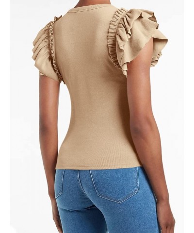 Womens Ruffle Short Sleeve Shirts Slim Fit High Neck Knit Ribbed Tops Khaki $14.39 T-Shirts