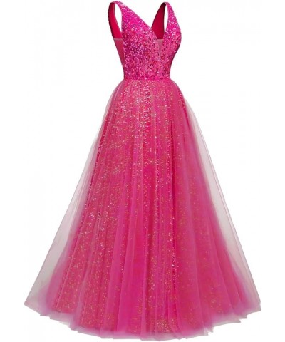 Prom Dresses Long 2024 New Sparkly Sequin Tulle A Line V Neck Formal Evening Dress,R177 Fuchsia $35.52 Dresses