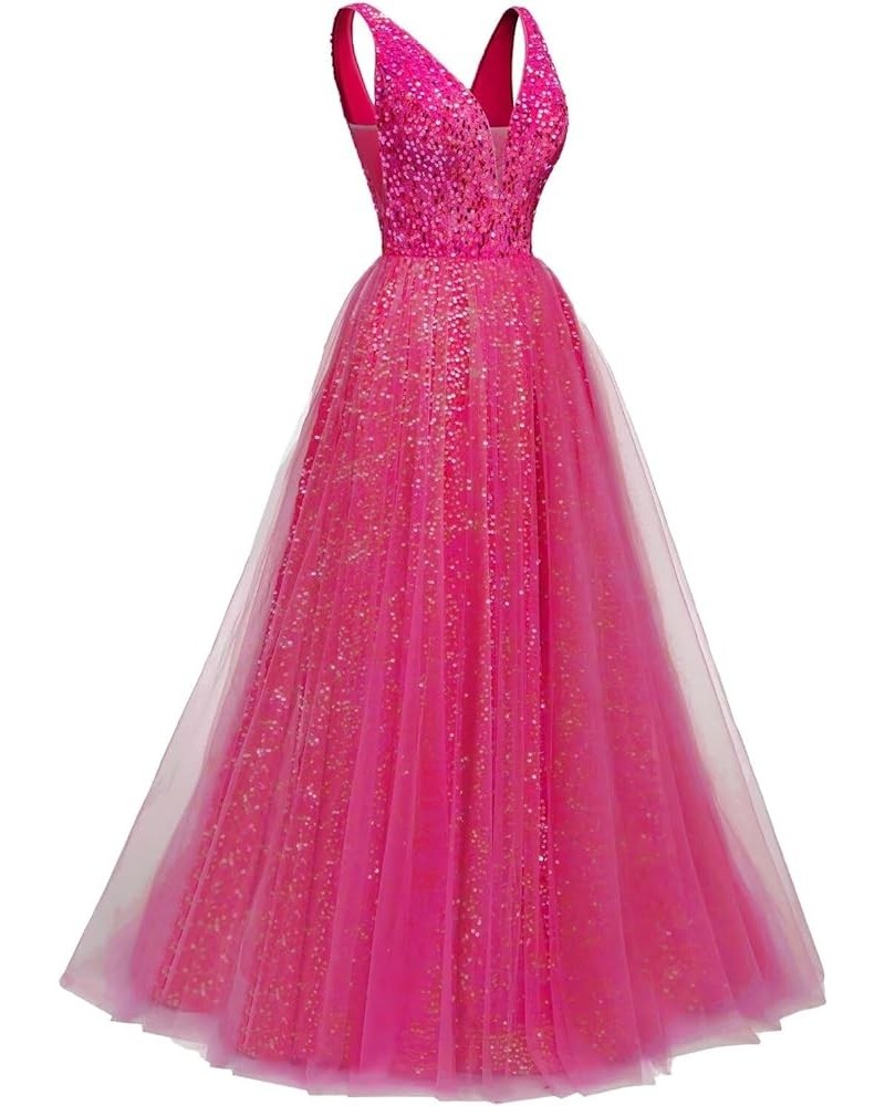 Prom Dresses Long 2024 New Sparkly Sequin Tulle A Line V Neck Formal Evening Dress,R177 Fuchsia $35.52 Dresses