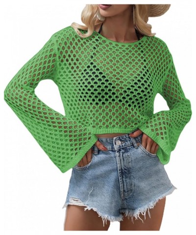 Women's Scoop Neck Long Sleeve Top Hollow Out Crochet Bikini Cover Ups Light Green $11.39 Swimsuits