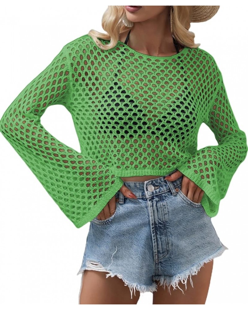 Women's Scoop Neck Long Sleeve Top Hollow Out Crochet Bikini Cover Ups Light Green $11.39 Swimsuits