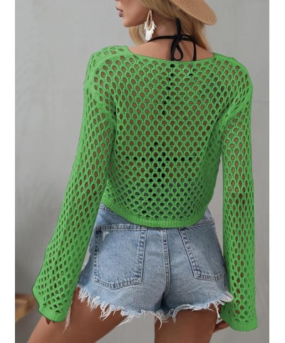 Women's Scoop Neck Long Sleeve Top Hollow Out Crochet Bikini Cover Ups Light Green $11.39 Swimsuits