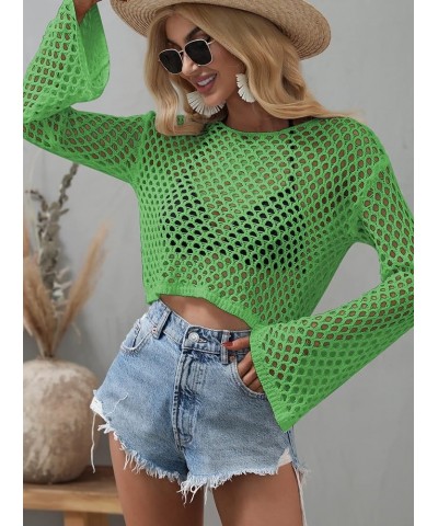 Women's Scoop Neck Long Sleeve Top Hollow Out Crochet Bikini Cover Ups Light Green $11.39 Swimsuits