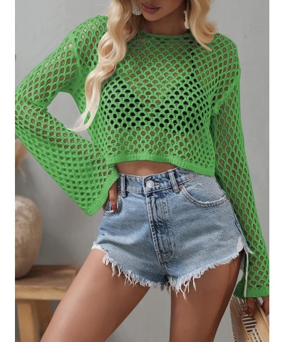 Women's Scoop Neck Long Sleeve Top Hollow Out Crochet Bikini Cover Ups Light Green $11.39 Swimsuits