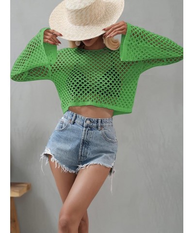 Women's Scoop Neck Long Sleeve Top Hollow Out Crochet Bikini Cover Ups Light Green $11.39 Swimsuits