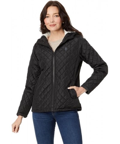 Cozy Faux Fur Lined Diamond Quilted Hooded Puffer with Side Panel Black $20.91 Jackets