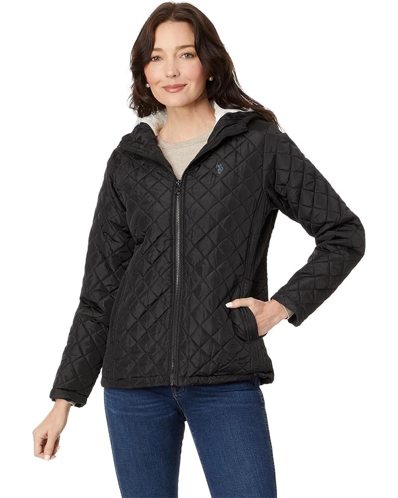 Cozy Faux Fur Lined Diamond Quilted Hooded Puffer with Side Panel Black $20.91 Jackets