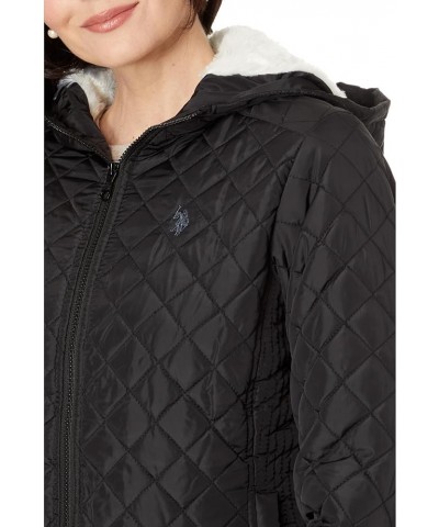 Cozy Faux Fur Lined Diamond Quilted Hooded Puffer with Side Panel Black $20.91 Jackets