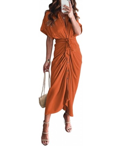 Sexy Shirt Dresses for Women Button Down Short Sleeve Maxi Satin Dress with Belt Orange $18.92 Dresses