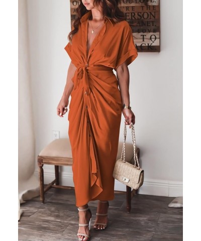 Sexy Shirt Dresses for Women Button Down Short Sleeve Maxi Satin Dress with Belt Orange $18.92 Dresses